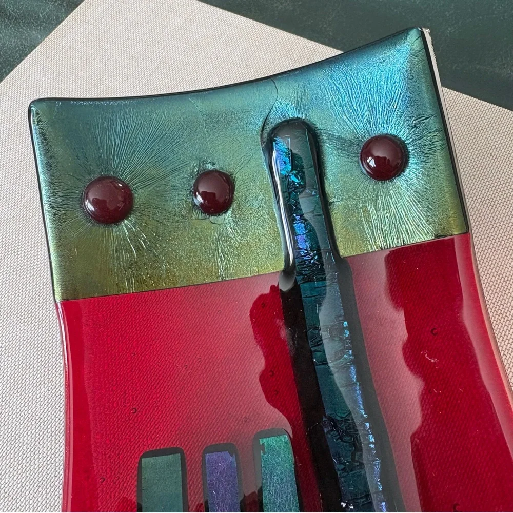 Artist Signed Fused Art Glass Dish Modern Studio Red Blue/Green iridescent - Picture 2 of 10